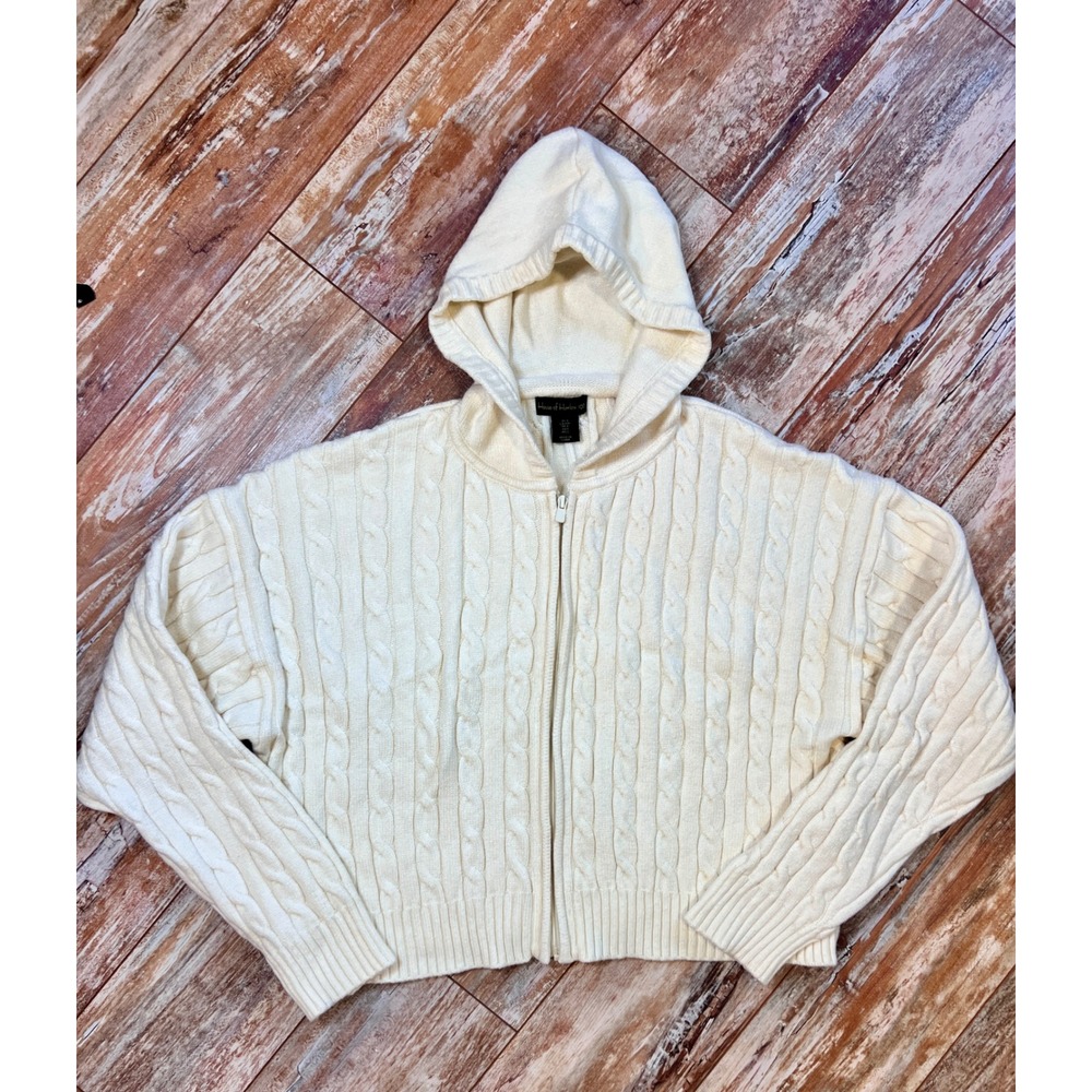 House of Harlow 1960 Cable Knit Hooded Zip Cardigan Sweater Ivory Large